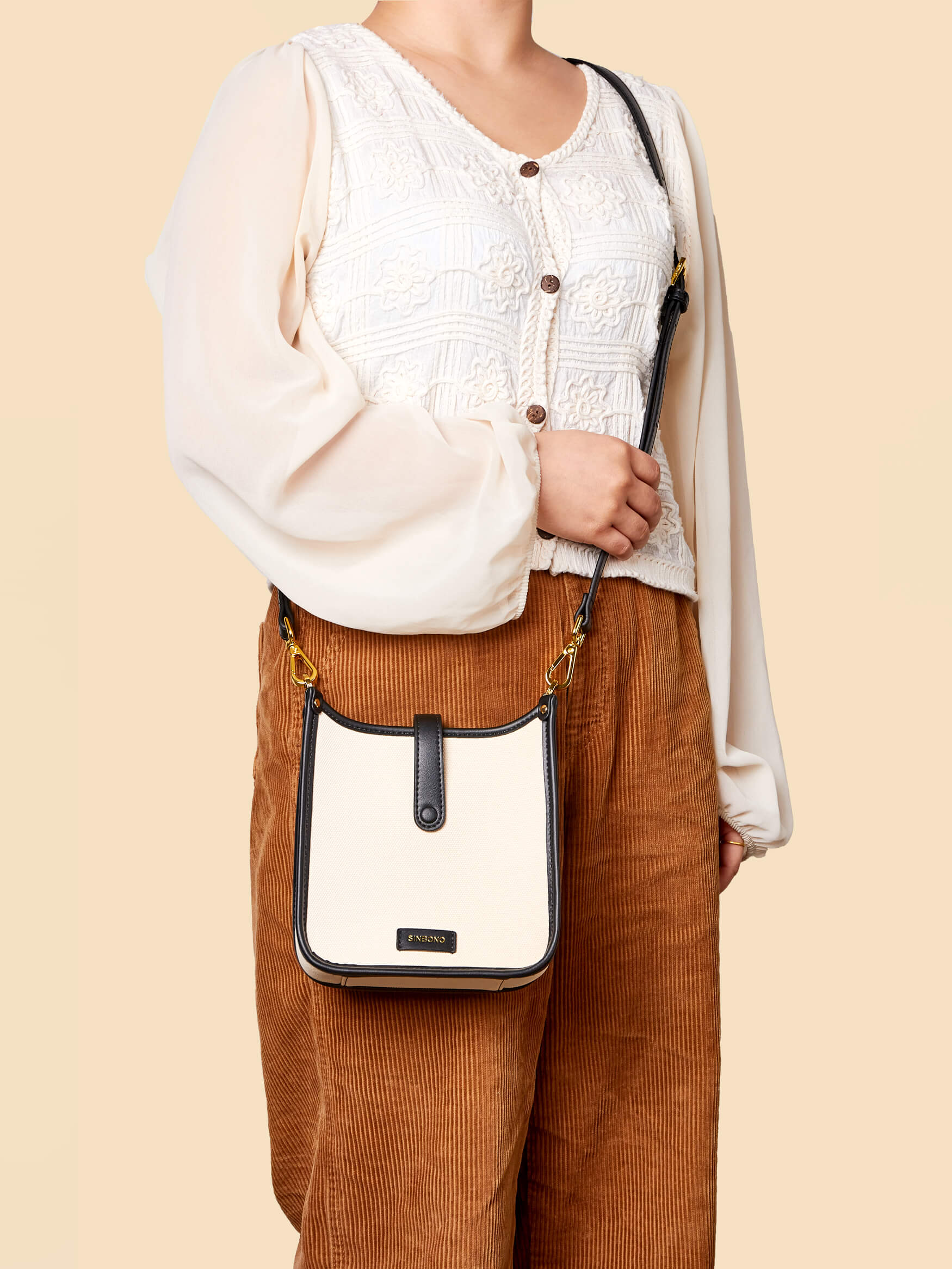 SINBONO Ivory&Black Crossbody Bag- High-quality Soft Vegan Leather Bag