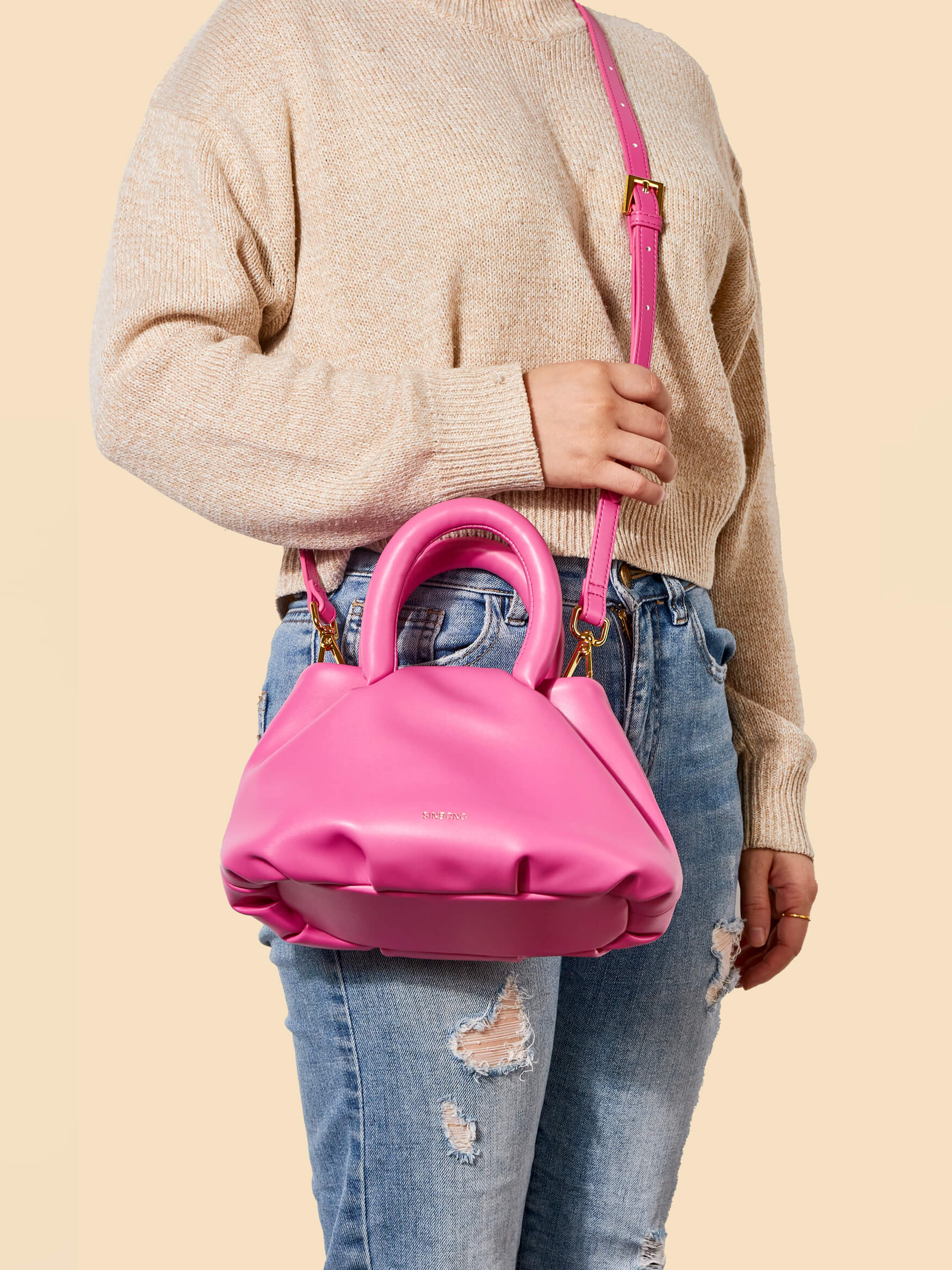 SINBONO Gal Bright Pink Leather Handbags -Vegan Leather Women Bag