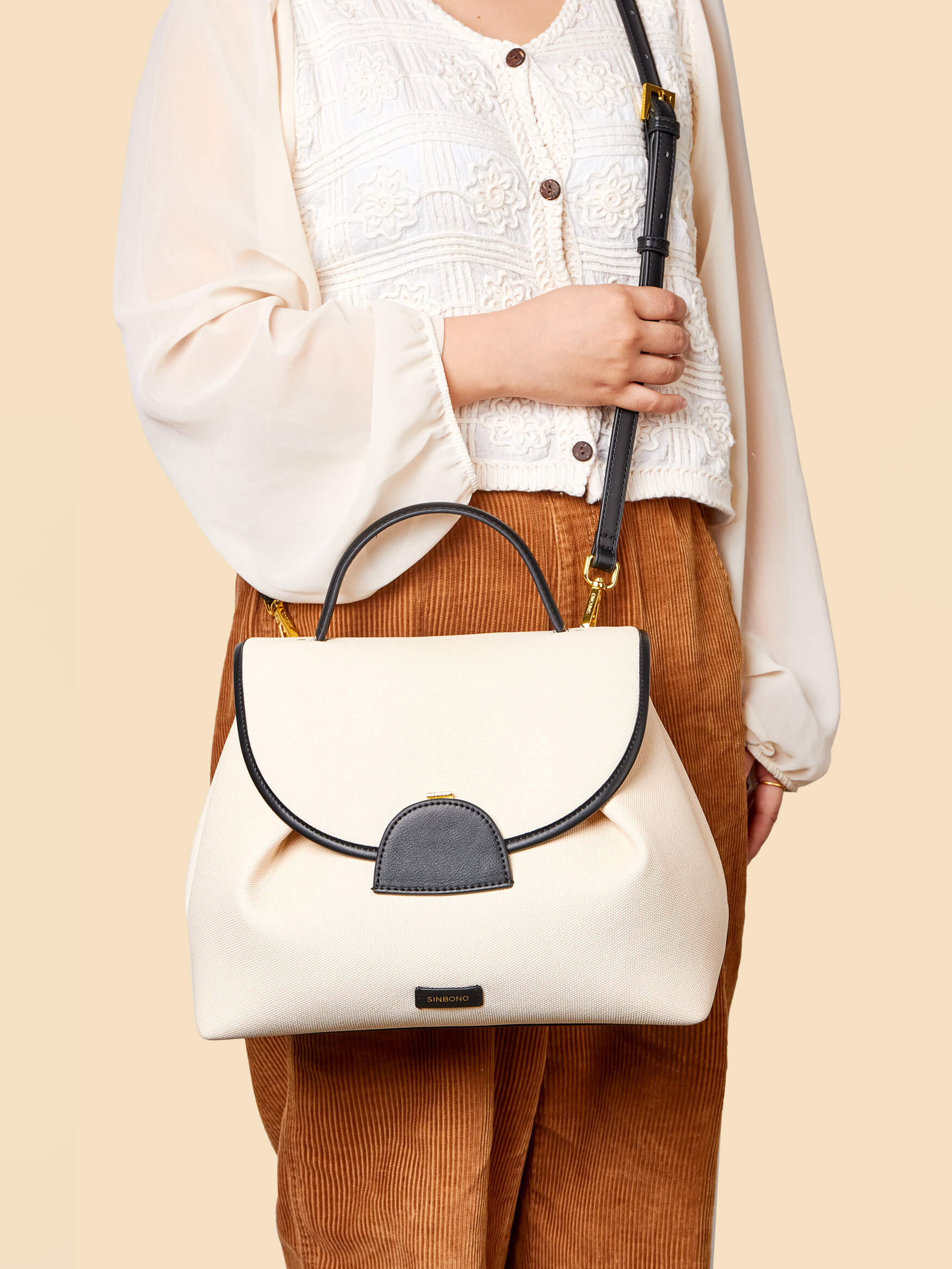 SINBONO Ivory&Black Crossbody Bag- High-quality Soft Vegan Leather Bag