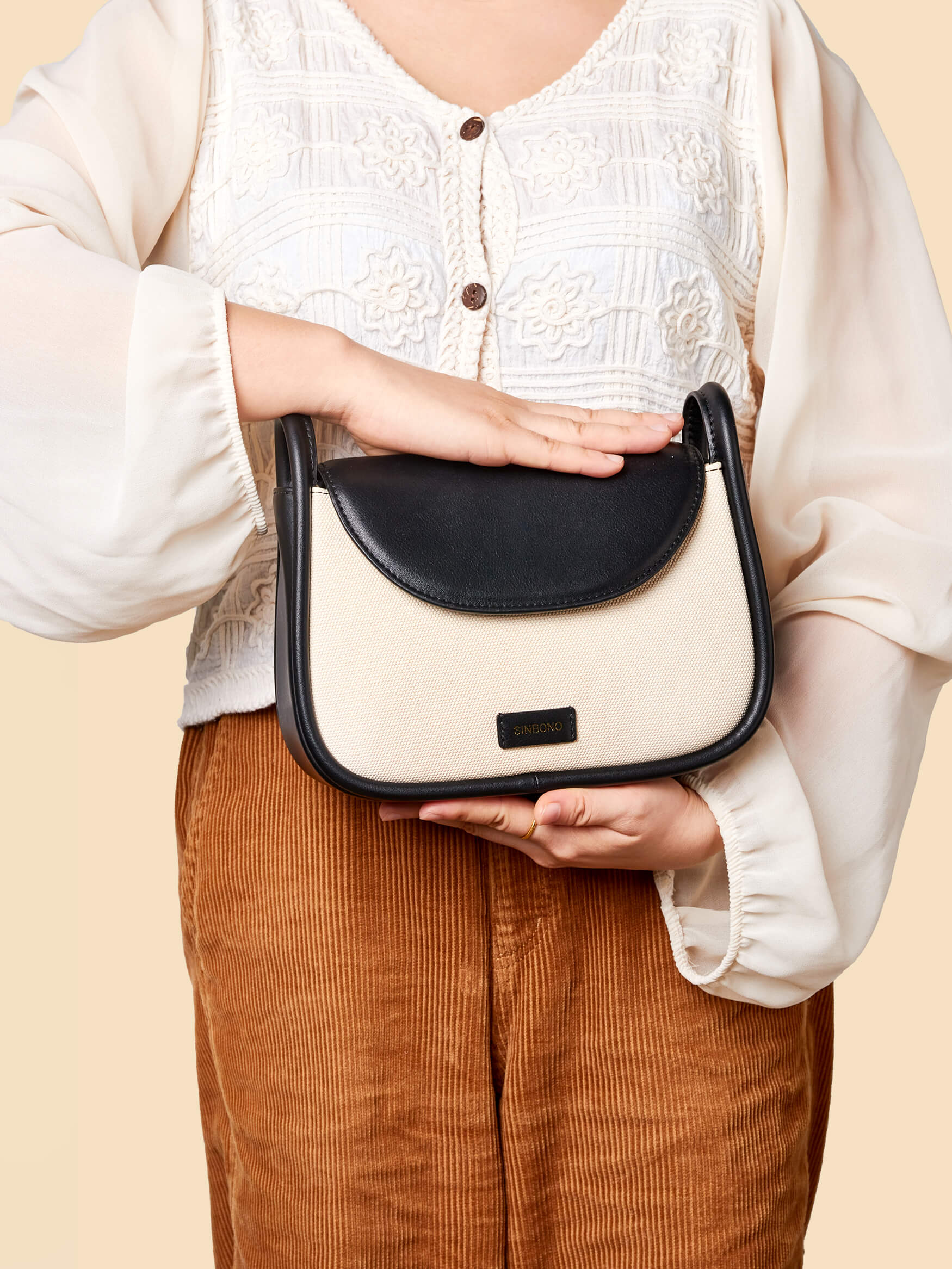 SINBONO Ivory&Black Crossbody Bag- High-quality Soft Vegan Leather Bag