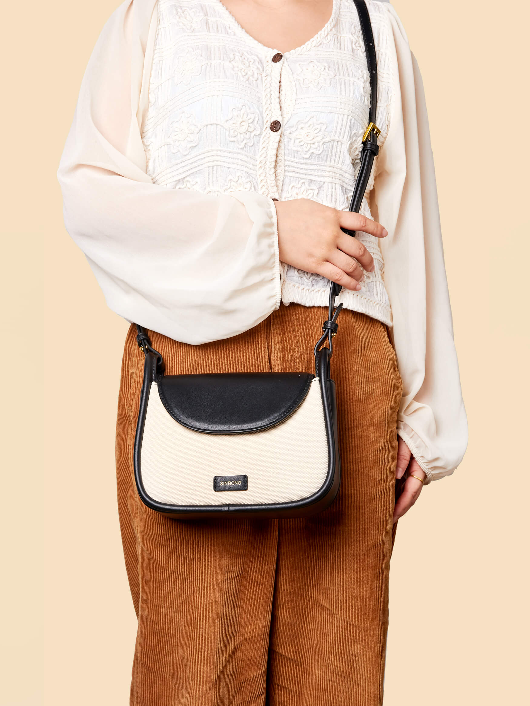 SINBONO Ivory&Black Crossbody Bag- High-quality Soft Vegan Leather Bag